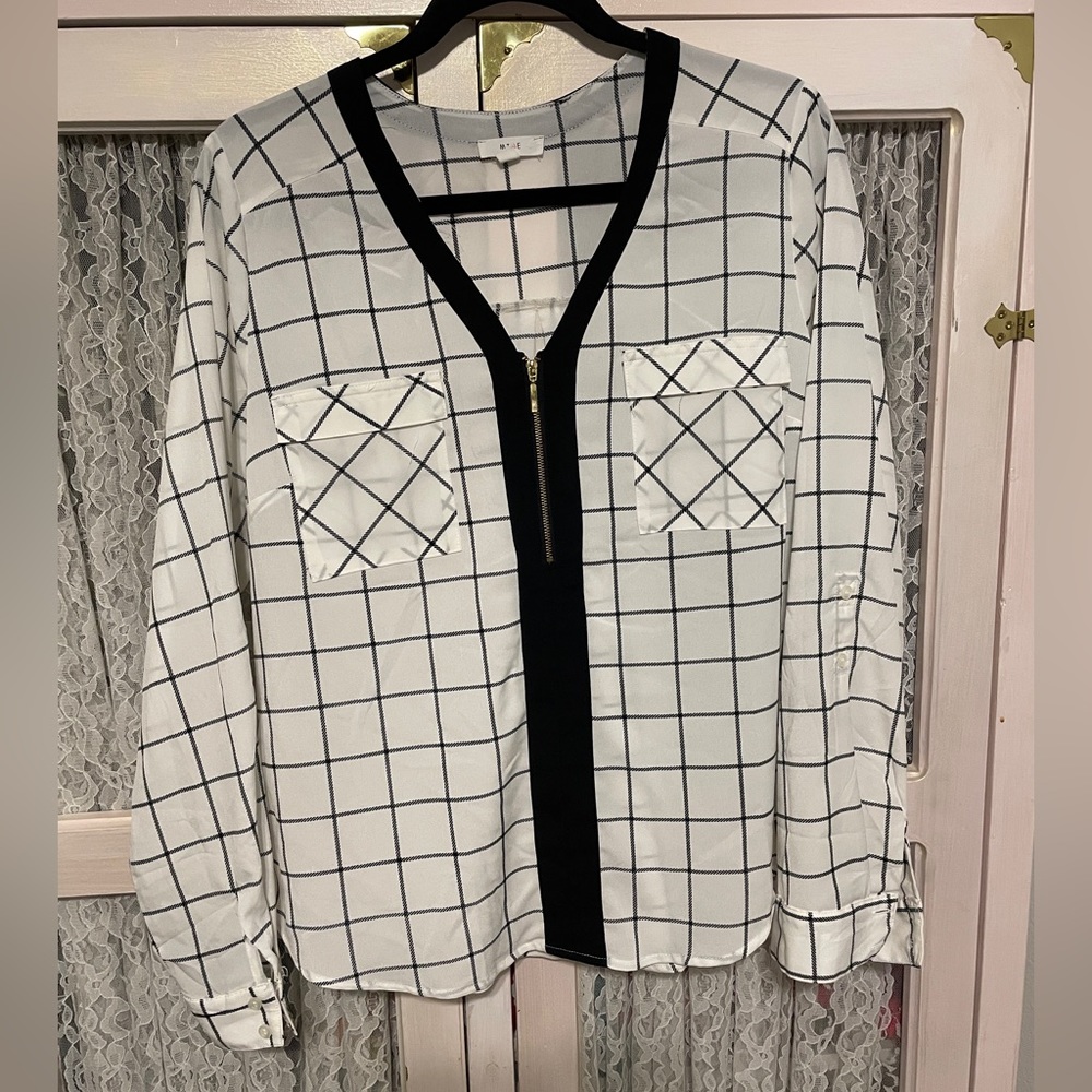 Striped Satin Long Sleeve Top - L Zipper
